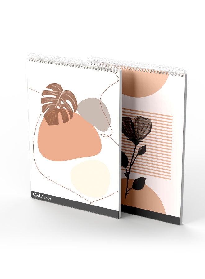 LOWHA Set Of 2 Spiral Notepads Each With 50 Sheets And A Hard Paper Cover With Flower And Plant Leaves Design White/Brown/Grey - Image 2