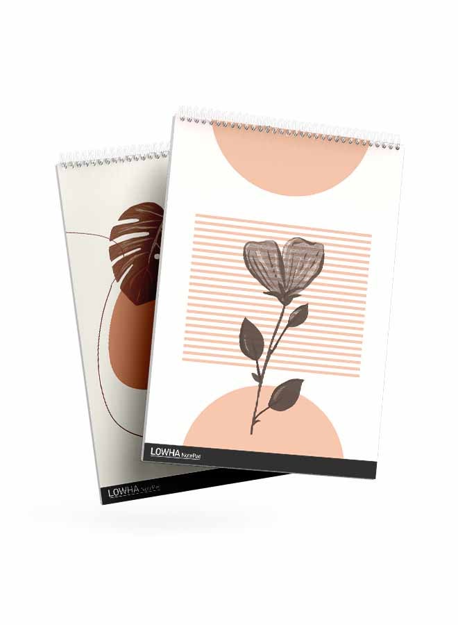 LOWHA Set Of 2 Spiral Notepads Each With 50 Sheets And A Hard Paper Cover With Flower And Plant Leaves Design White/Brown/Grey - Image 3