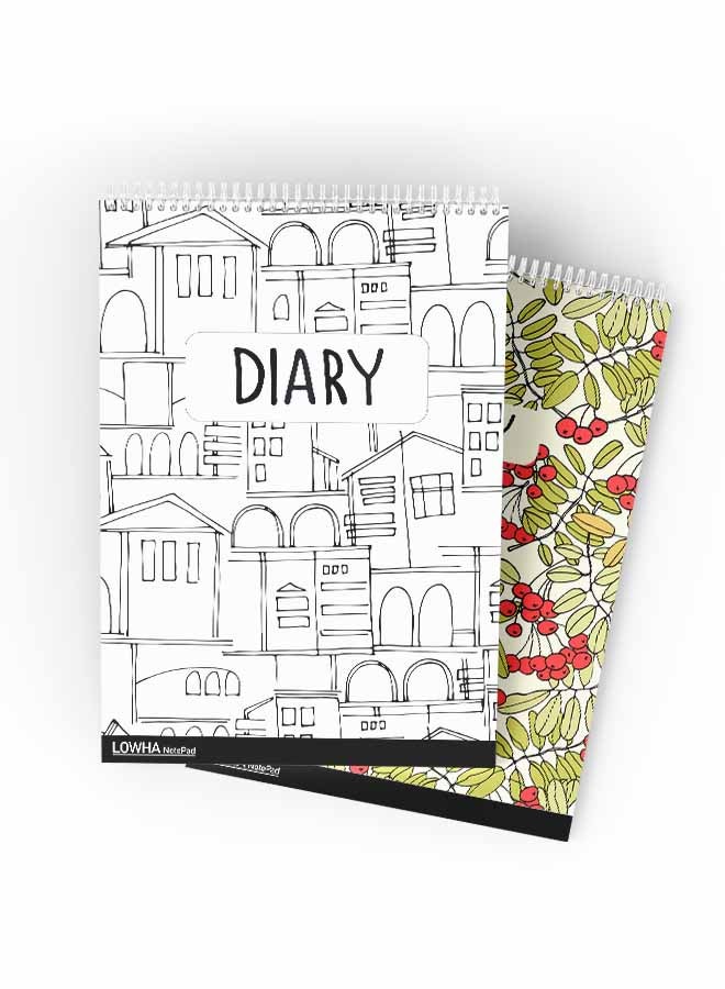 LOWHA Set Of 2 Spiral Notepads Each With 50 Sheets And A Hard Paper Cover With Hand Painted Leaves And Houses Design White/Black/Green/Red - Image 1