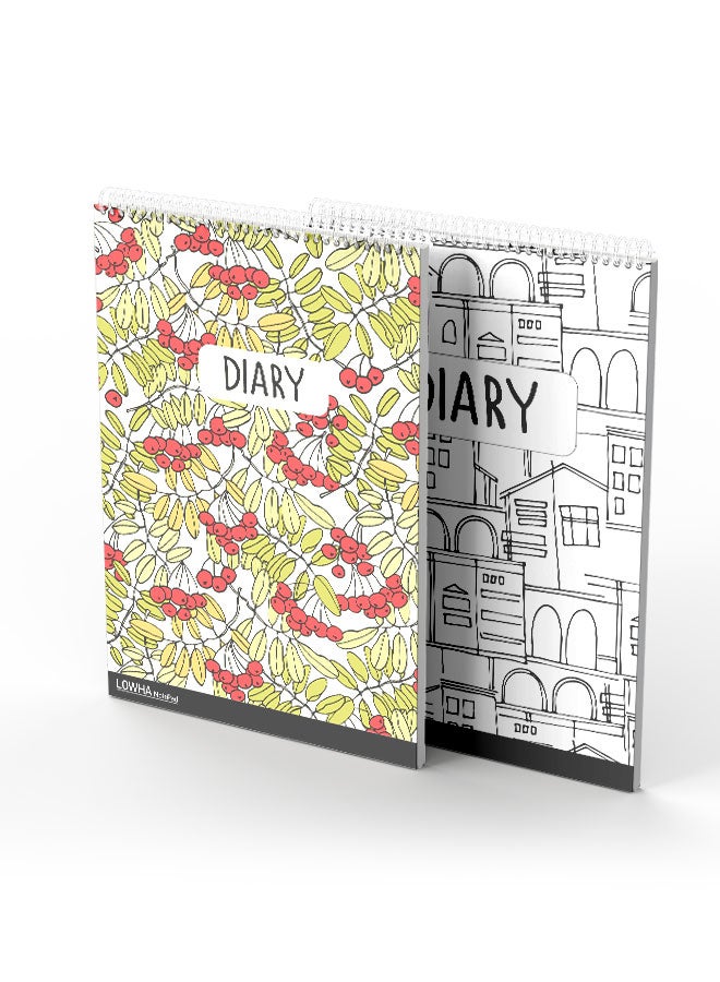 LOWHA Set Of 2 Spiral Notepads Each With 50 Sheets And A Hard Paper Cover With Hand Painted Leaves And Houses Design White/Black/Green/Red - Image 2