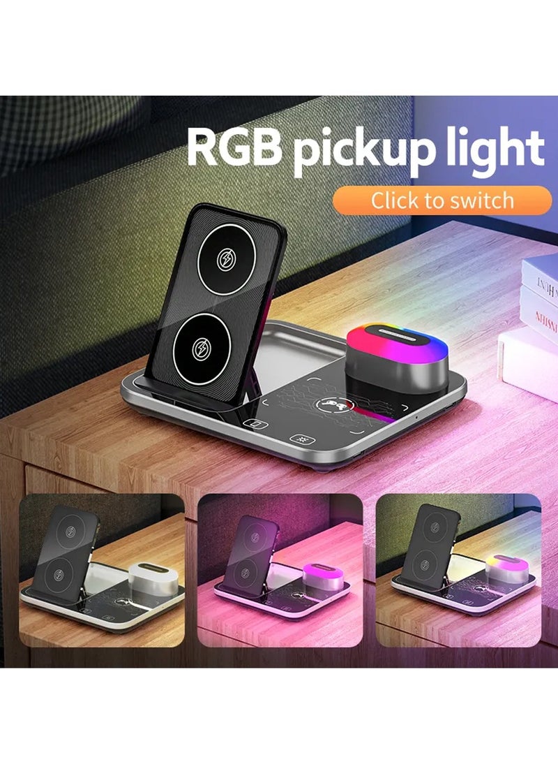 مارجون 4 In 1 Wireless Charger Stand For Mobile Phone Wrist Watch And Headset Fast Charging Dock Station With RGB Light Black - Image 3