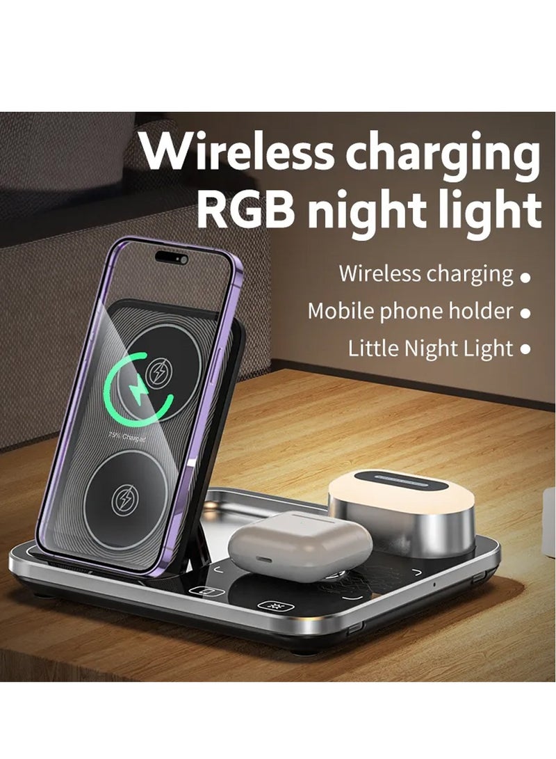 مارجون 4 In 1 Wireless Charger Stand For Mobile Phone Wrist Watch And Headset Fast Charging Dock Station With RGB Light Black - Image 4
