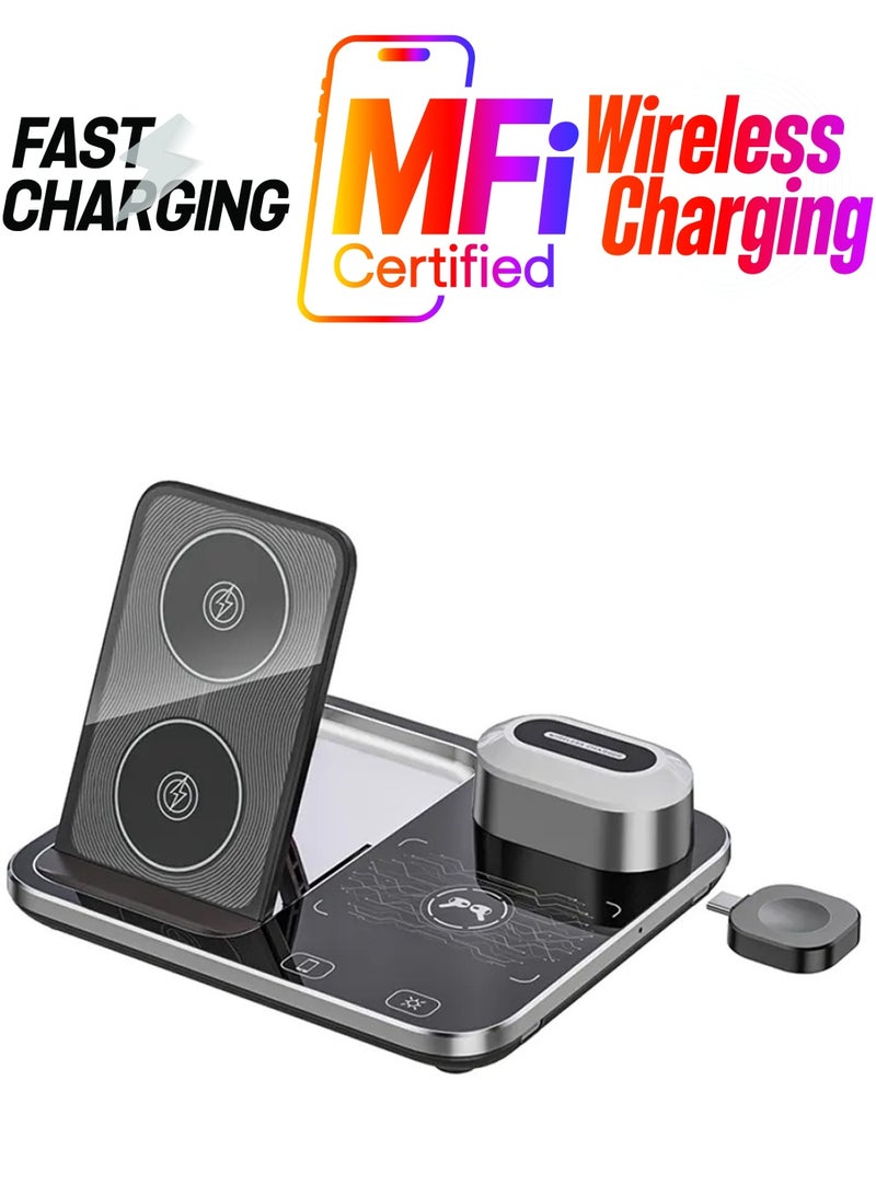 مارجون 4 In 1 Wireless Charger Stand For Mobile Phone Wrist Watch And Headset Fast Charging Dock Station With RGB Light Black - Image 1