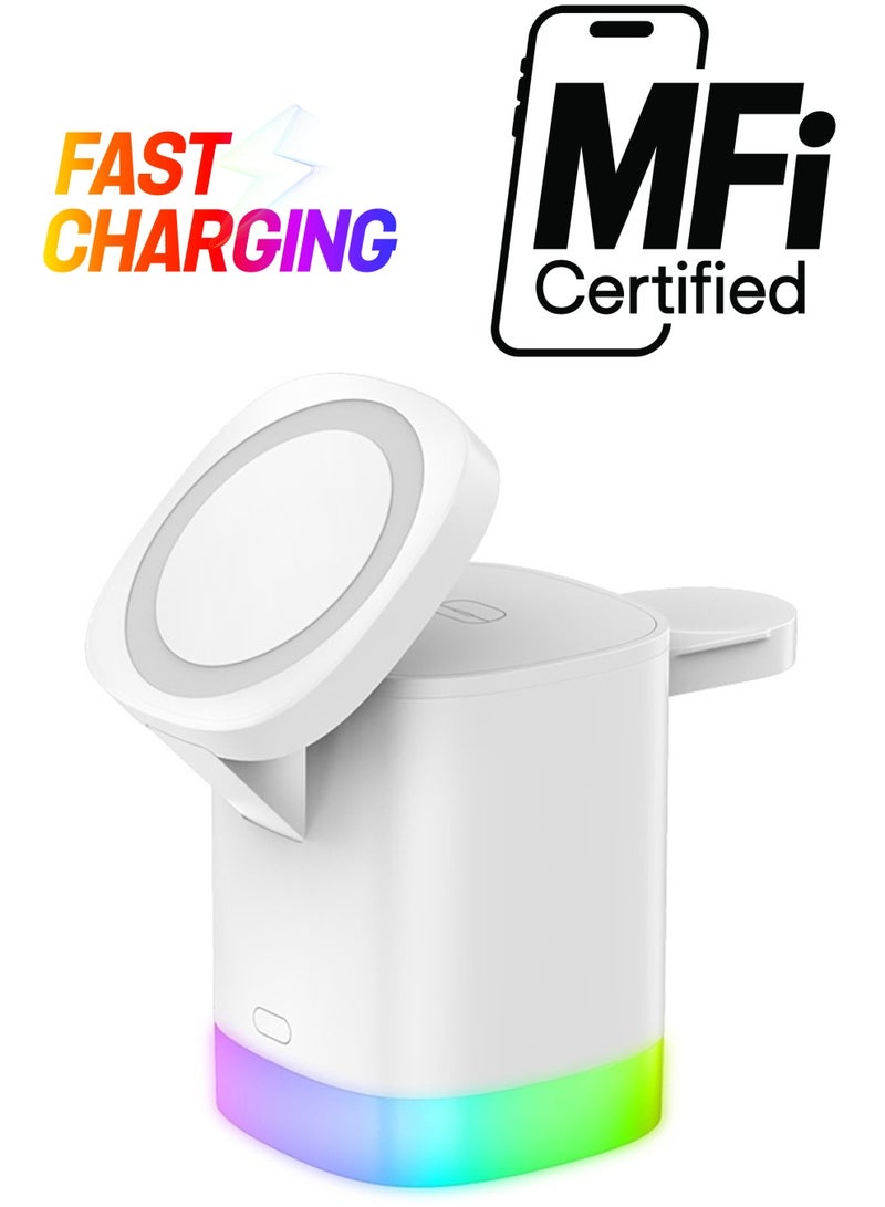 MARGOUN Wireless Charger Folding 3 In 1 Magnetic Fast Charging Station With Lamp For Apple Model T15 White  - Image 1
