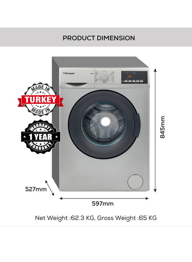Bompani - 7KG Front Load Washer - Advanced Features, Eco-friendly, 15 Programs, 1200RPM, Stainless Steel Tub, Turkish Design, 1-Year Warranty 7 kg BI2877 Silver - Image 1