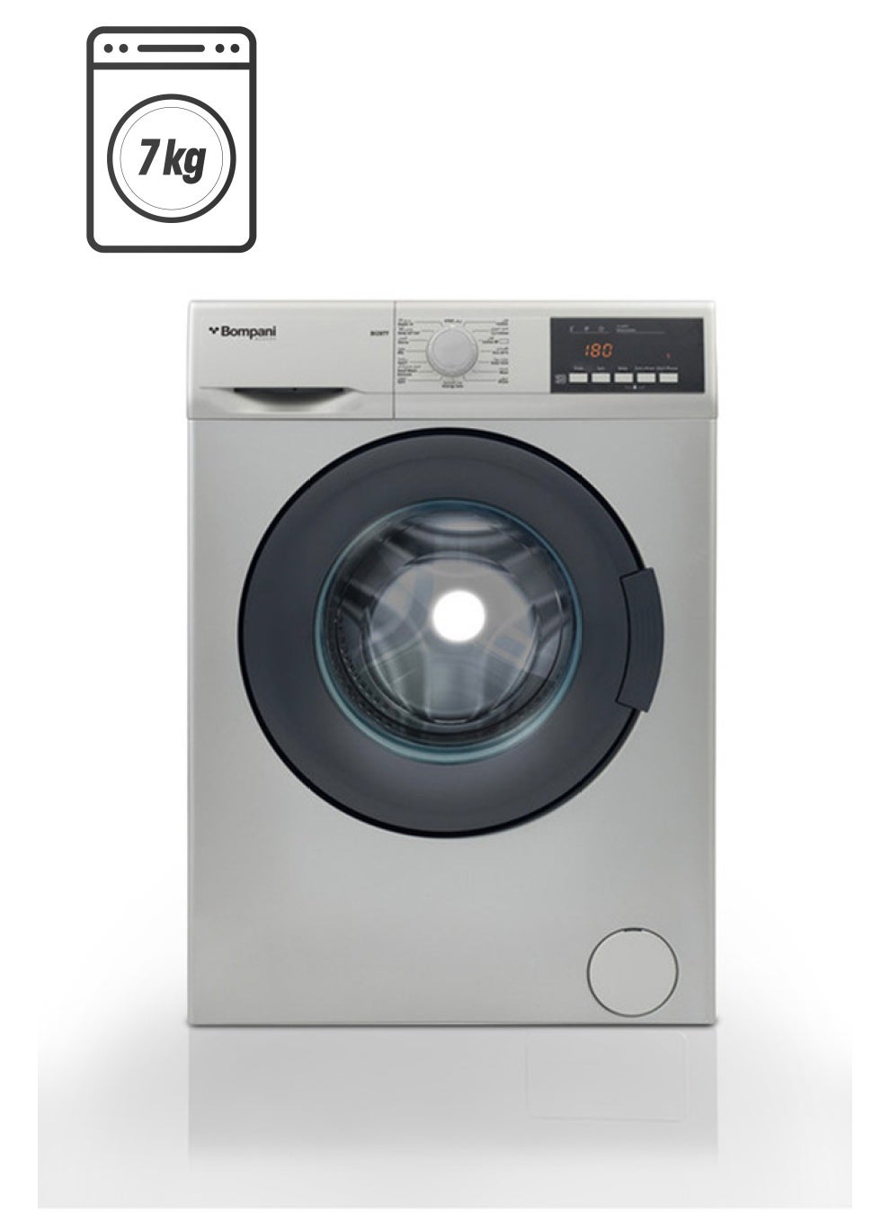 Bompani 7KG Front Load Washer - Advanced Features, Eco-friendly, 15 Programs, 1200RPM, Stainless Steel Tub, Turkish Design, 1-Year Warranty 7 kg BI2877 Silver 