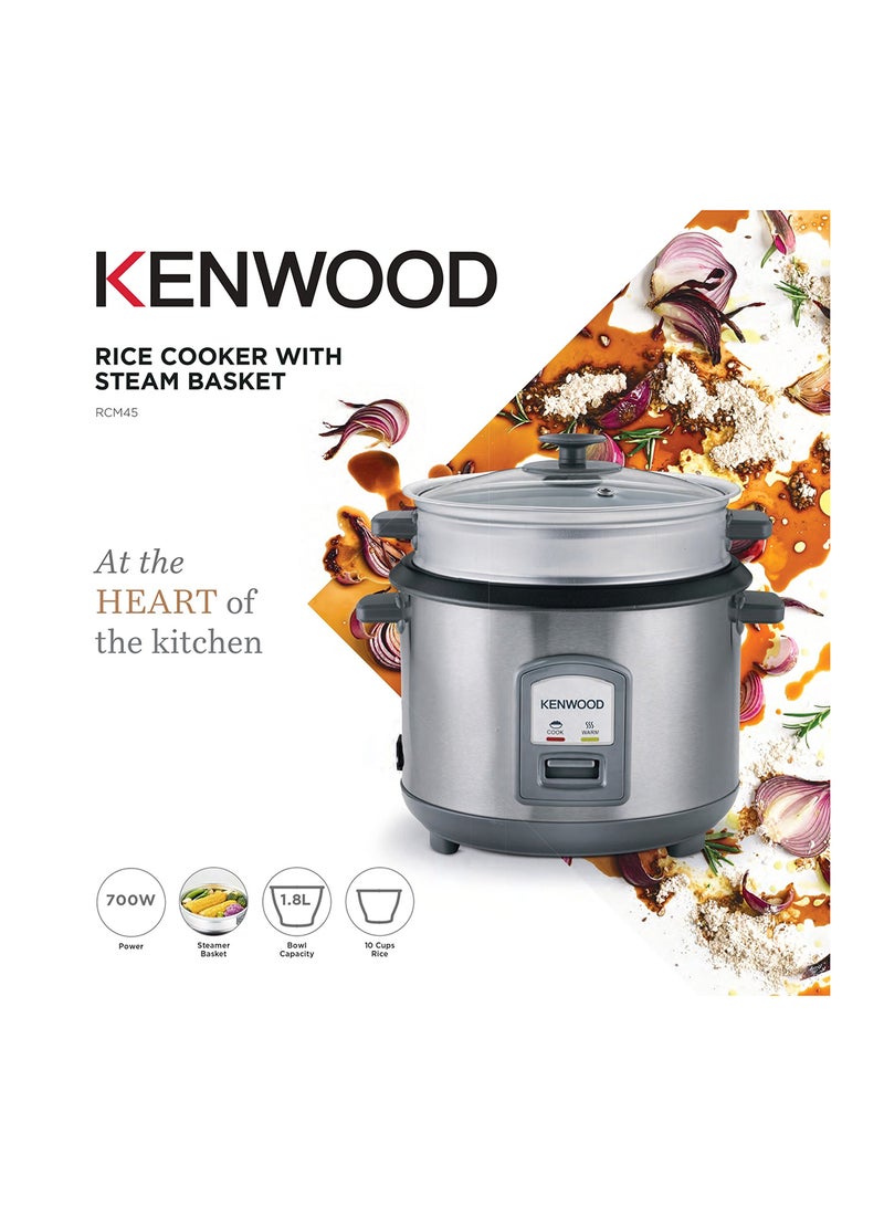 كينوود 2-In-1 Rice Cooker 1.8L 10-Cups Rice With Food Steamer Basket, Non-Stick Cooking Pot, Temepered Glass Lid, Warm/Cook Lights, Spatula Holder, Detachable Cord RCM45.000SS Silver  - Image 2