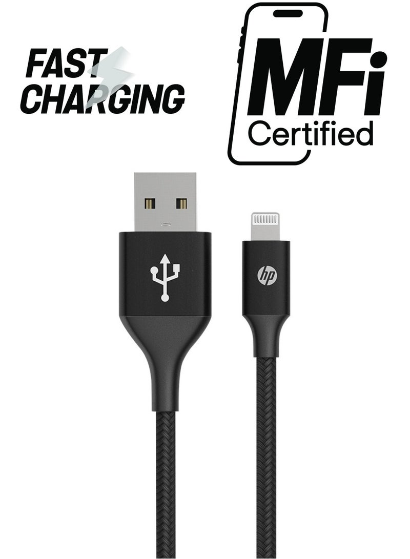 HP Braided Nylon 2.4A Fast Charging USB-A To Lightning Cable MFi Certified 1M Black  - Image 1