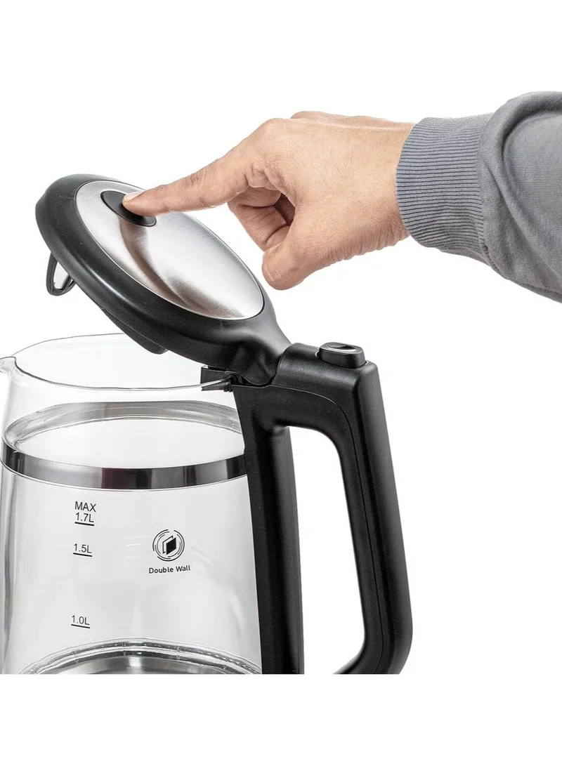 BLACK+DECKER Glass Kettle, Heating, Double Wall Wrap Protection, Premium Stainless Steel Finish, Blue LED Illumination, 360° Cordless Base, Easy Pour, 1.7 L 2200 W GK220-B5 Silver