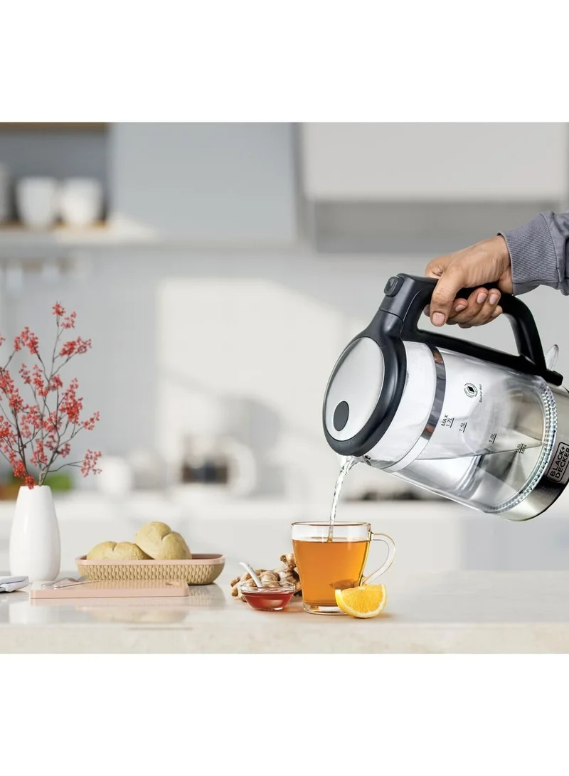 BLACK+DECKER Glass Kettle, Heating, Double Wall Wrap Protection, Premium Stainless Steel Finish, Blue LED Illumination, 360° Cordless Base, Easy Pour, 1.7 L 2200 W GK220-B5 Silver