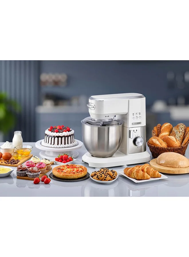 BLACK+DECKER Stand Mixer, Stainless Steel Bowl, 10 Speeds + Pulse, Planetary Action, Dough Hook, Beater, Whisk Attachments, Tilt Head, for Baking and Kneading, 6 L 1000 W MKM100-B5 White