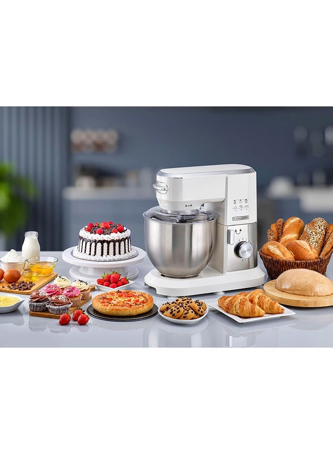 BLACK+DECKER - Stand Mixer, Stainless Steel Bowl, 10 Speeds + Pulse, Planetary Action, Dough Hook, Beater, Whisk Attachments, Tilt Head, for Baking and Kneading, 6 L 1000 W MKM100-B5 White - Image 1