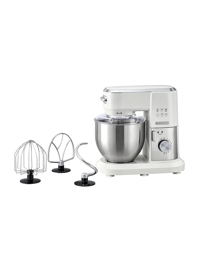 BLACK+DECKER Stand Mixer, Stainless Steel Bowl, 10 Speeds + Pulse, Planetary Action, Dough Hook, Beater, Whisk Attachments, Tilt Head, for Baking and Kneading, 6 L 1000 W MKM100-B5 White