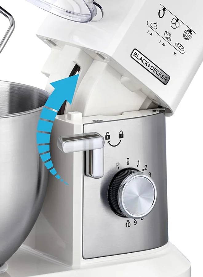 BLACK+DECKER Stand Mixer, Stainless Steel Bowl, 10 Speeds + Pulse, Planetary Action, Dough Hook, Beater, Whisk Attachments, Tilt Head, for Baking and Kneading, 6 L 1000 W MKM100-B5 White