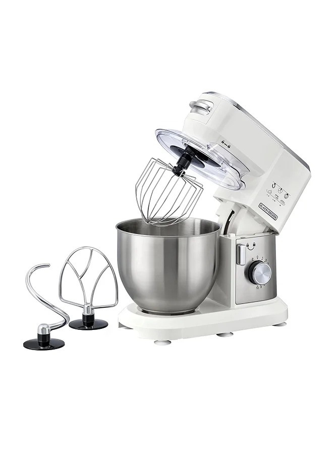BLACK+DECKER Stand Mixer, Stainless Steel Bowl, 10 Speeds + Pulse, Planetary Action, Dough Hook, Beater, Whisk Attachments, Tilt Head, for Baking and Kneading, 6 L 1000 W MKM100-B5 White
