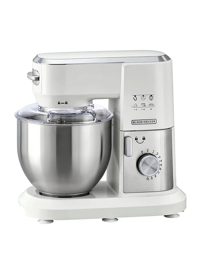 BLACK+DECKER Stand Mixer, Stainless Steel Bowl, 10 Speeds + Pulse, Planetary Action, Dough Hook, Beater, Whisk Attachments, Tilt Head, for Baking and Kneading, 6 L 1000 W MKM100-B5 White