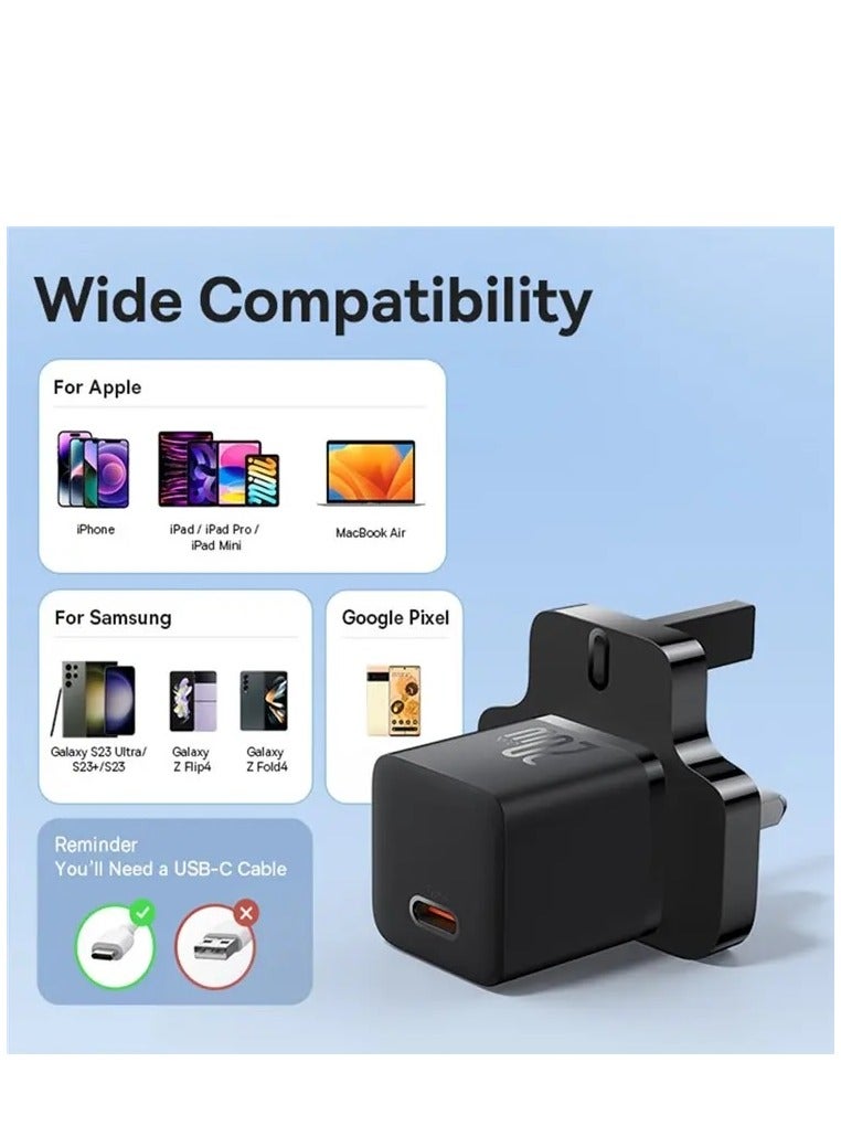 Baseus - iPhone Charger Type C PD GaN5 Pro 20W Fast Charger USB C Plug iPhone 15 Fast Charger Head Type-C Power Universal Travel Adapter USB-C Charger For iPhone 15/15 Pro Max/15 Pro/15 Plus/14/13/12/11 Black - Image 1