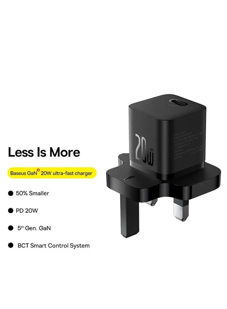 Baseus - iPhone Charger Type C PD GaN5 Pro 20W Fast Charger USB C Plug iPhone 15 Fast Charger Head Type-C Power Universal Travel Adapter USB-C Charger For iPhone 15/15 Pro Max/15 Pro/15 Plus/14/13/12/11 Black - Image 1