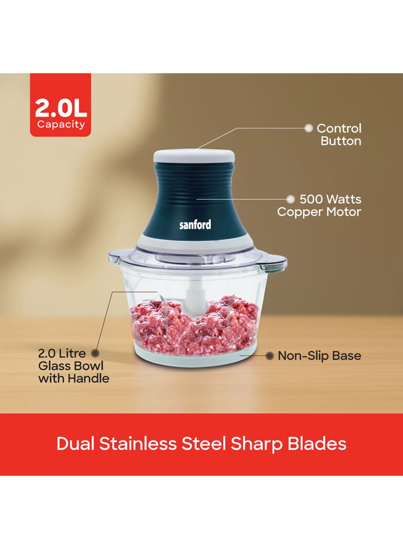 Sanford Electric Food Chopper 2L with Stainless Steel Blades, Ideal for Chopping Meat, Vegetables, Fruits, Nuts & Making Mayonnaise 2 L 500 W SF5588FC BS Blue Tiber  - Image 3