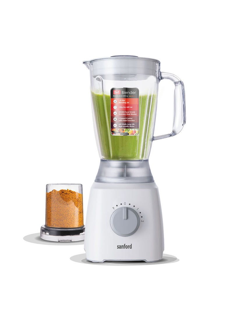 Sanford 2 IN 1 Dry & Mix Blender with 1.8L Plastic Jar and 150g Grinding  Jar,  Stainless Steel Blades, 2 Speed Modes, Safety Jar Lock 1.8 L 600 W SF6808BR Multicolour  - Image 2