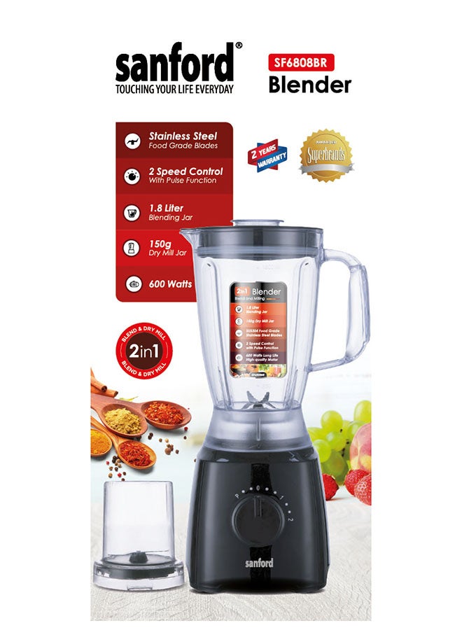 Sanford 2 IN 1 Dry & Mix Blender with 1.8L Plastic Jar and 150g Grinding  Jar,  Stainless Steel Blades, 2 Speed Modes, Safety Jar Lock 1.8 L 600 W SF6808BR Multicolour  - Image 1