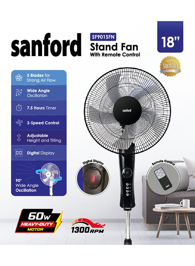 SANFORD 18" STAND FAN WITH TIMER 60 W SF901SFN BS Black, White - Image 2