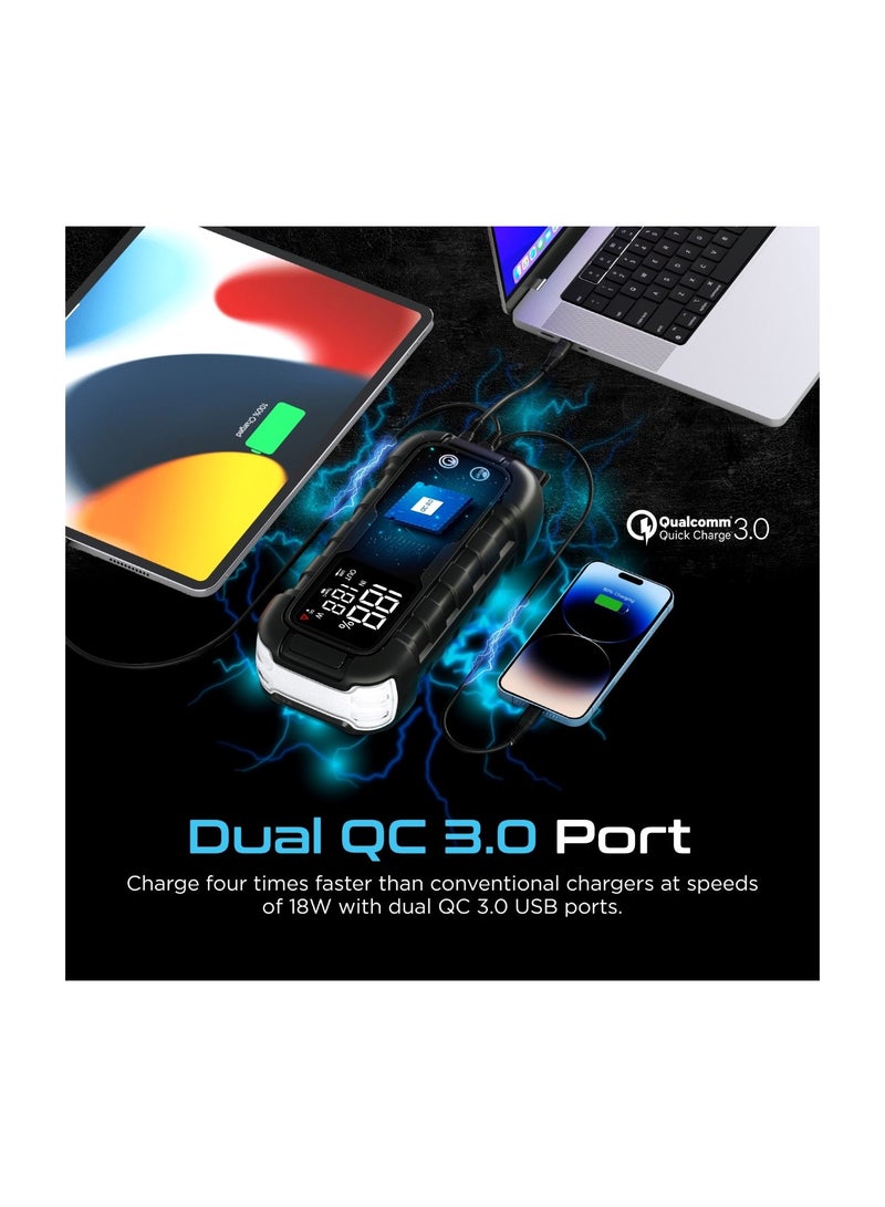 20000 mAh 20000 mAh iPhone 16 Power Bank, Car Starter 2000A/12V Peak Current Portable Jump Starter With 45W USB-C Power Delivery, Dual QC 3.0 USB Ports, LED Light And Smart Clamp For Cars, iPhone 15 - Black
