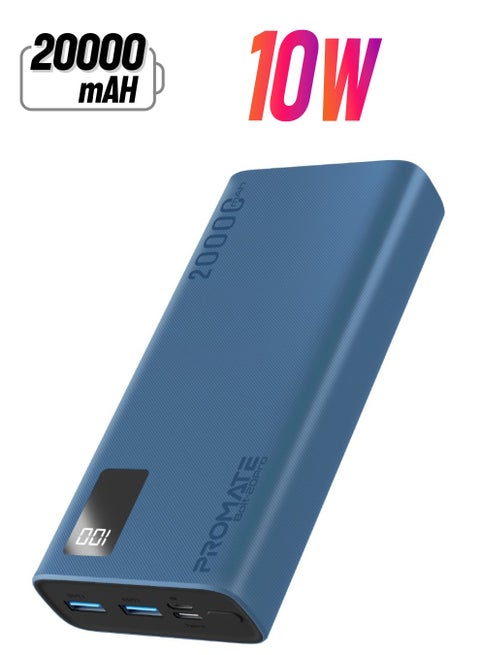 20000 mAh Universal Ultra-Slim iPhone 16 Power Bank, Portable Charger With 10W USB-C Input/Output Port, Dual USB Ports, LED Screen And Over-Heating Protection For iPhone 16, Galaxy S25, iPad Air - Blue