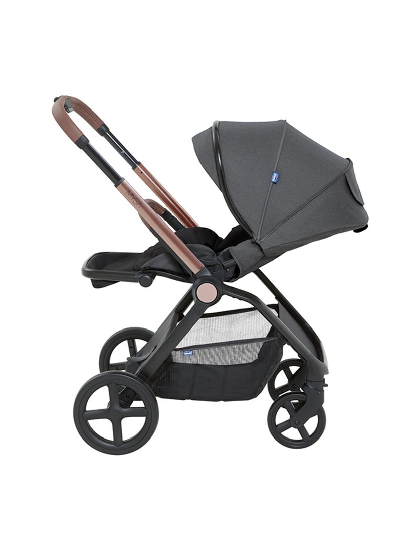 Chicco - Mysa Stroller - Newborn Comfort with Reversible Seat, Shock Absorbing Wheels UV Canopy, Black Satin, Foldable Design - Image 1