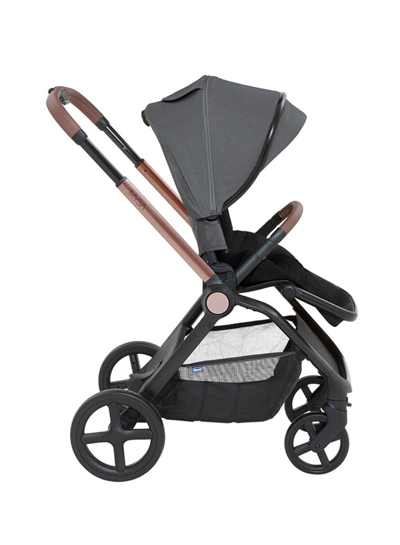 Chicco Mysa Stroller - Newborn Comfort with Reversible Seat, Shock Absorbing Wheels UV Canopy, Black Satin, Foldable Design  - Image 4
