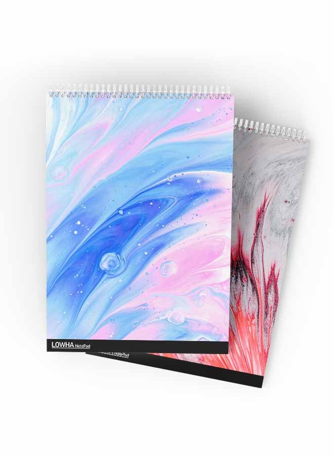 LOWHA Set Of 2 Spiral Notepads Each With 50 Sheets And A Hard Paper Cover With Watercolor Drawing Design Blue/Pink/White/Red/Grey - Image 1