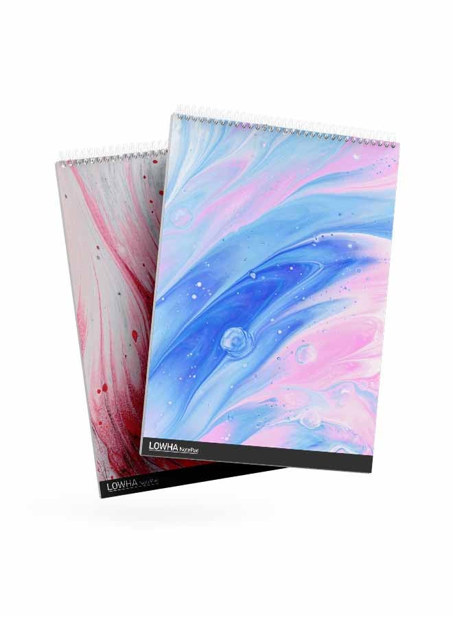 LOWHA Set Of 2 Spiral Notepads Each With 50 Sheets And A Hard Paper Cover With Watercolor Drawing Design Blue/Pink/White/Red/Grey - Image 3