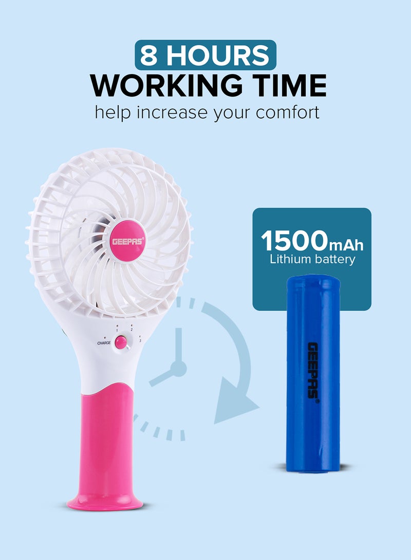 GEEPAS Rechargeable Mini Fan - Personal Portable Fan with 3 Speed Options | USB Travel Fan for Office, Home and Travel Use| 8 Hours Working GF9617 White, Pink  - Image 3