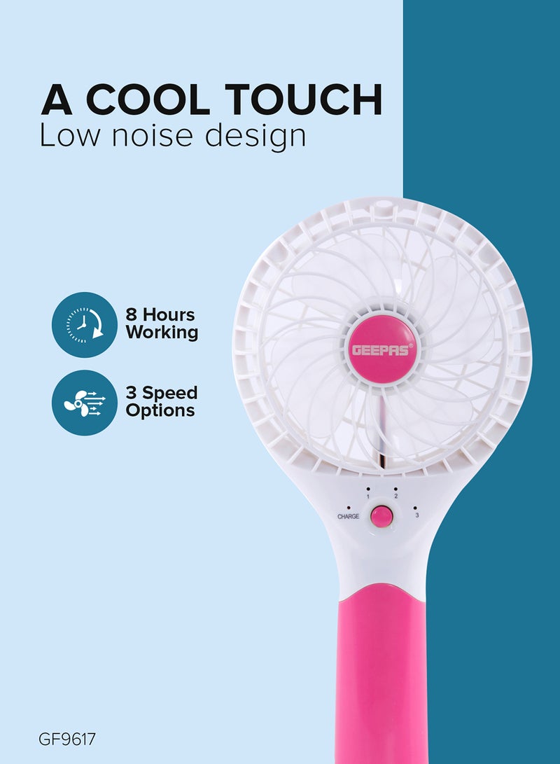 GEEPAS - Rechargeable Mini Fan - Personal Portable Fan with 3 Speed Options | USB Travel Fan for Office, Home and Travel Use| 8 Hours Working GF9617 White, Pink - Image 1