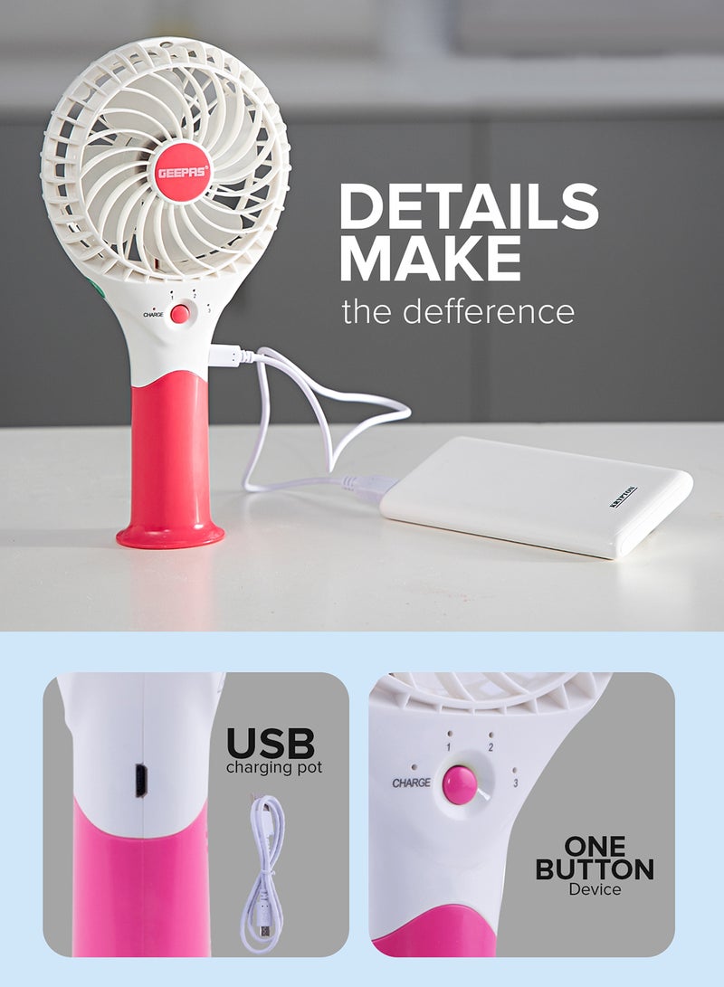GEEPAS Rechargeable Mini Fan - Personal Portable Fan with 3 Speed Options | USB Travel Fan for Office, Home and Travel Use| 8 Hours Working GF9617 White, Pink  - Image 5
