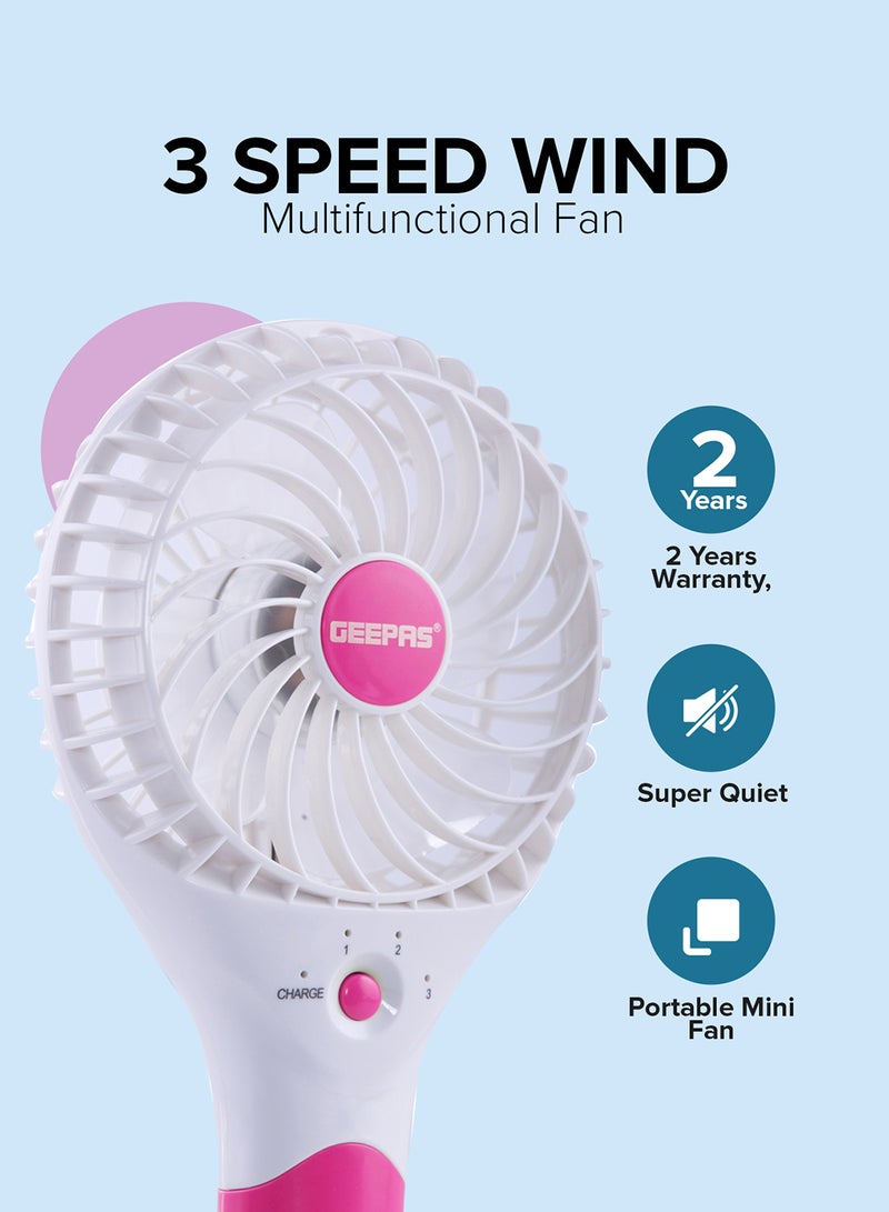 GEEPAS Rechargeable Mini Fan - Personal Portable Fan with 3 Speed Options | USB Travel Fan for Office, Home and Travel Use| 8 Hours Working GF9617 White, Pink  - Image 4