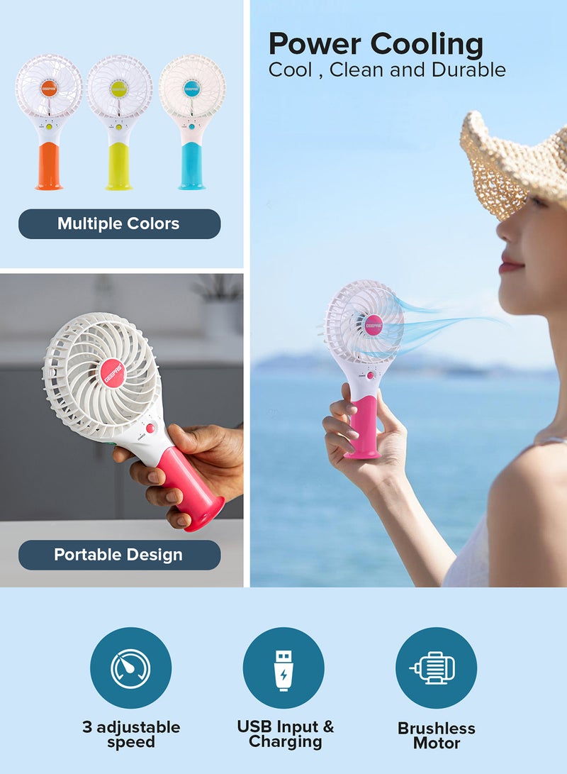 GEEPAS Rechargeable Mini Fan - Personal Portable Fan with 3 Speed Options | USB Travel Fan for Office, Home and Travel Use| 8 Hours Working GF9617 White, Pink  - Image 2