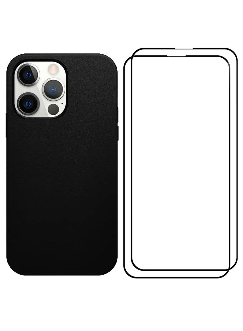 MARGOUN 3 Packs For iPhone 13 Pro Case And 2 Screen Protectors Noble Collection Genuine Leather Case Wireless Charging Compatible Full Coverage Cover Black  - Image 2
