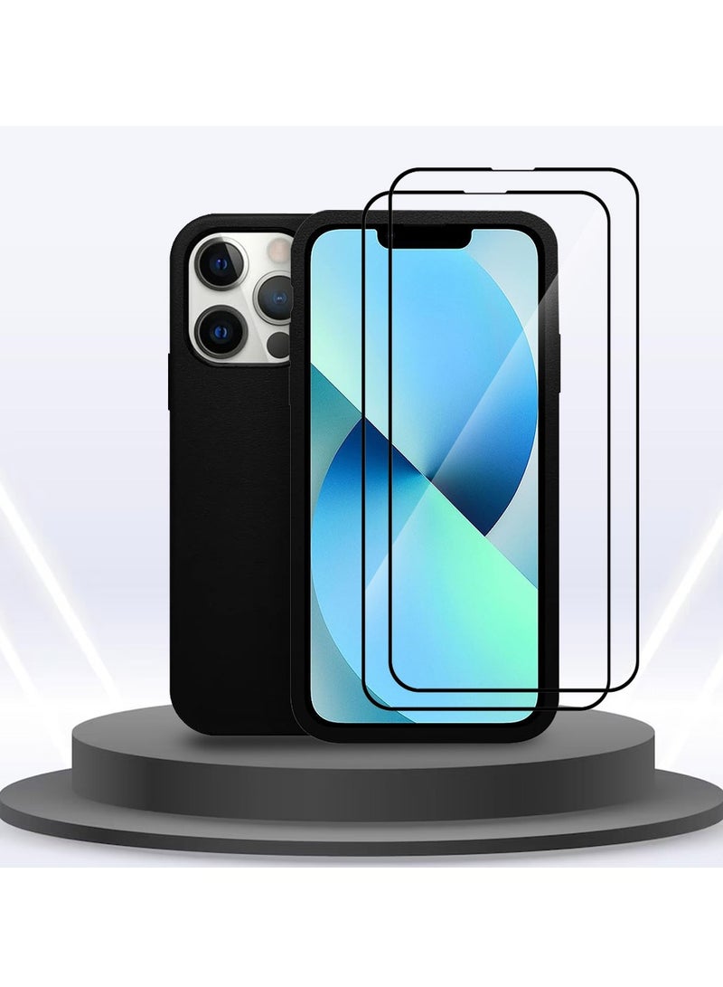MARGOUN 3 Packs For iPhone 13 Pro Case And 2 Screen Protectors Noble Collection Genuine Leather Case Wireless Charging Compatible Full Coverage Cover Black  - Image 3