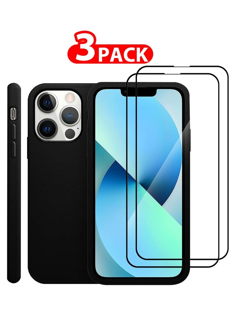 MARGOUN 3 Packs For iPhone 13 Pro Case And 2 Screen Protectors Noble Collection Genuine Leather Case Wireless Charging Compatible Full Coverage Cover Black  - Image 1