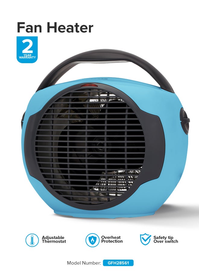 GEEPAS Fan Heater GFH28561, 2 Heating Powers 1000 & 2000W, Cool/Warm/Hot Wind Selection, Adjustable Thermostat, Over Heat Protection, Safety Tip Over Switch, With Indicator Light 2000 W GFH28561 Blue & Gray 