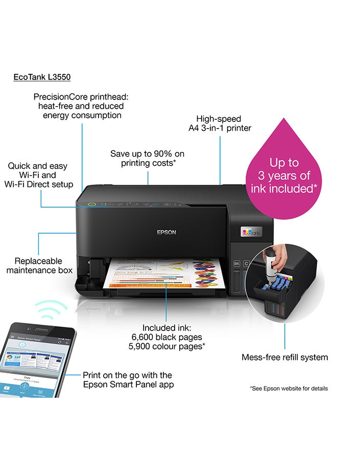 إبسون - طابعة EcoTank L3560 Home Ink Tank، طابعة ملونة عالية السرعة مقاس A4 3 في 1 مزودة بتقنية Wi-Fi Direct، وطابعة صور، مع اتصال بالتطبيقات الذكية، أسود - Image 1