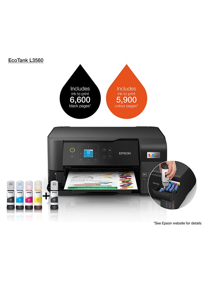 إبسون - طابعة EcoTank L3560 Home Ink Tank، طابعة ملونة عالية السرعة مقاس A4 3 في 1 مزودة بتقنية Wi-Fi Direct، وطابعة صور، مع اتصال بالتطبيقات الذكية، أسود - Image 1