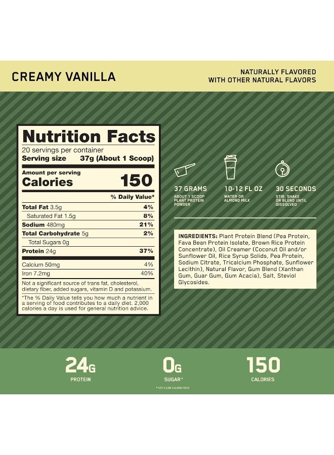 Optimum Nutrition Gold Standard 100% Plant Based Protein Powder, Gluten Free, Vegan Protein for Muscle Support and Recovery with Amino Acids - Creamy Vanilla, 740 G, 20 Servings - Image 3