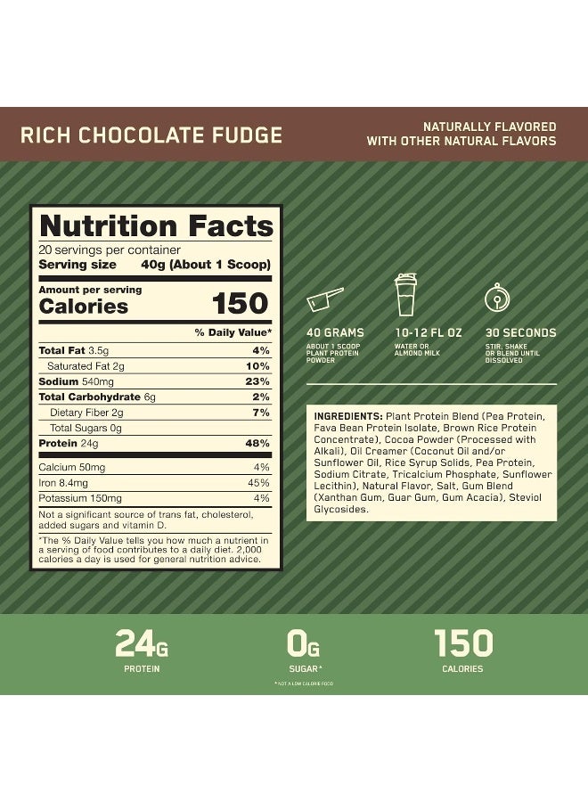 Gold Standard 100% Plant Based Protein Powder, Gluten Free, Vegan Protein for Muscle Support and Recovery with Amino Acids - Rich Chocolate Fudge, 800 G, 20 Servings