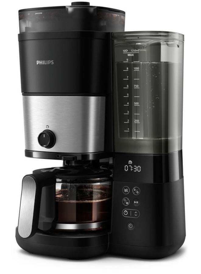 All-in-One Brew Drip Coffee Maker - With Built-in Grinder, Up to 10 Cups, Glass Jug, Auto Off function, Timing Controlled Brewing Program, Duo Beans Container, 1.25 L 1000 W HD7900/50 Black/Silver