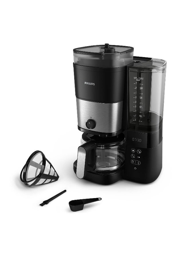 Philips All-in-One Brew Drip Coffee Maker - With Built-in Grinder, Up to 10 Cups, Glass Jug, Auto Off function, Timing Controlled Brewing Program, Duo Beans Container, 1.25 L 1000 W HD7900/50 Black/Silver - Image 1