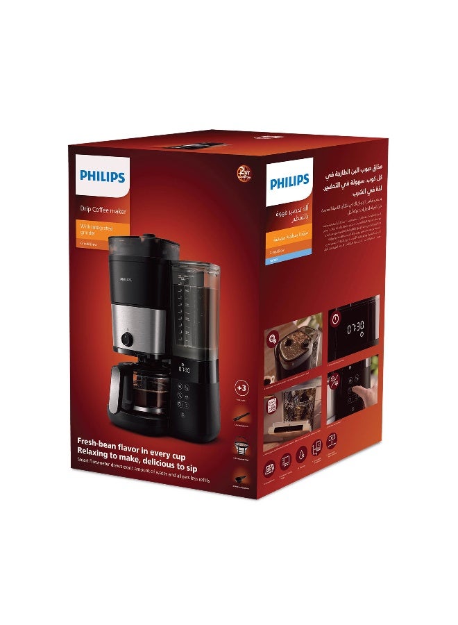 Philips All-in-One Brew Drip Coffee Maker - With Built-in Grinder, Up to 10 Cups, Glass Jug, Auto Off function, Timing Controlled Brewing Program, Duo Beans Container, 1.25 L 1000 W HD7900/50 Black/Silver - Image 4