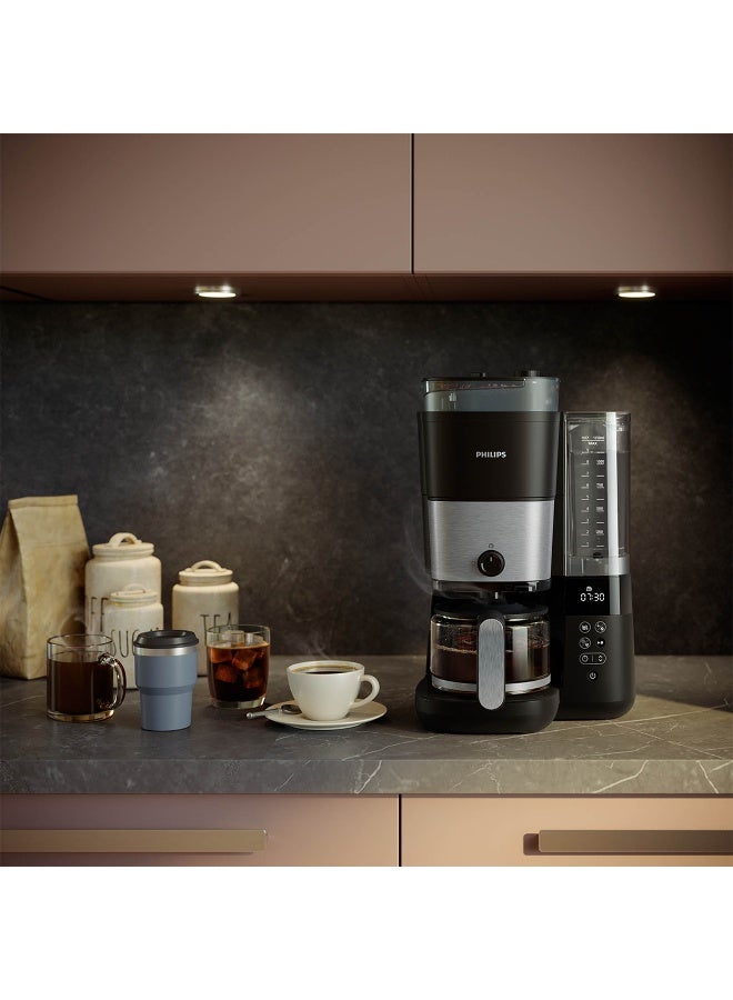 Philips All-in-One Brew Drip Coffee Maker - With Built-in Grinder, Up to 10 Cups, Glass Jug, Auto Off function, Timing Controlled Brewing Program, Duo Beans Container, 1.25 L 1000 W HD7900/50 Black/Silver - Image 5