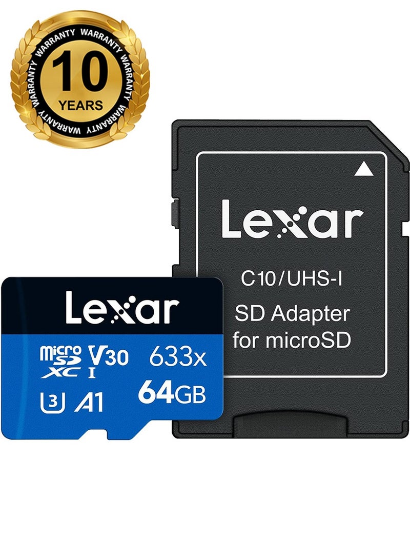 ليكسار بطاقة ذاكرة Lexar microSDXC عالية الأداء 633x UHS-I بسعة 64 جيجابايت مع محول SD - ضمان لمدة 10 سنوات - موزع رسمي  - Image 1